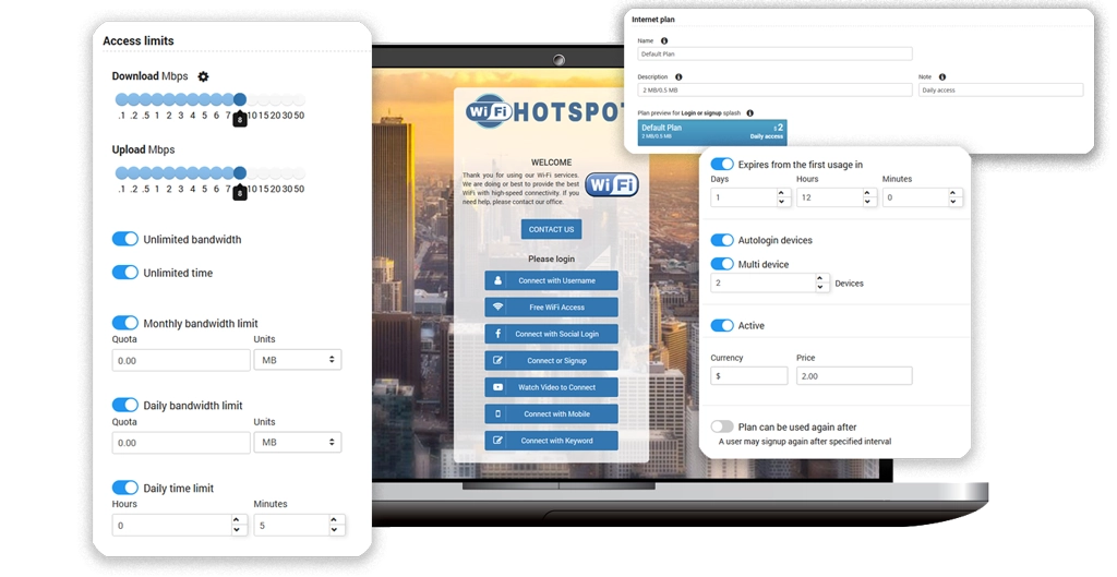 Internet Plan Access Options Internet Plans for premium WiFi tickets and hotel guest access