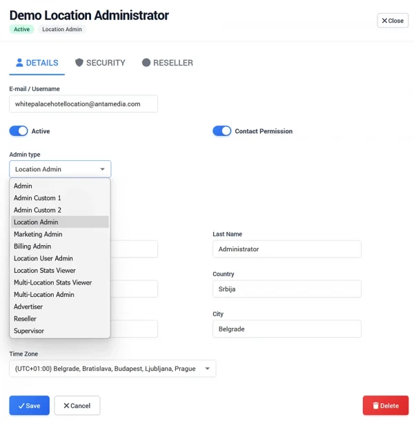 WiFi administrator management with configurable roles and location access