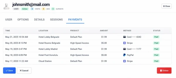 Guest WiFi payment history showing successful Internet Plan purchases