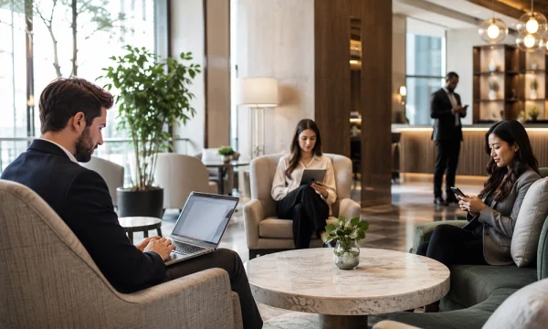 Guests using laptops tablets and smartphones on managed WiFi in a modern hotel lobby
