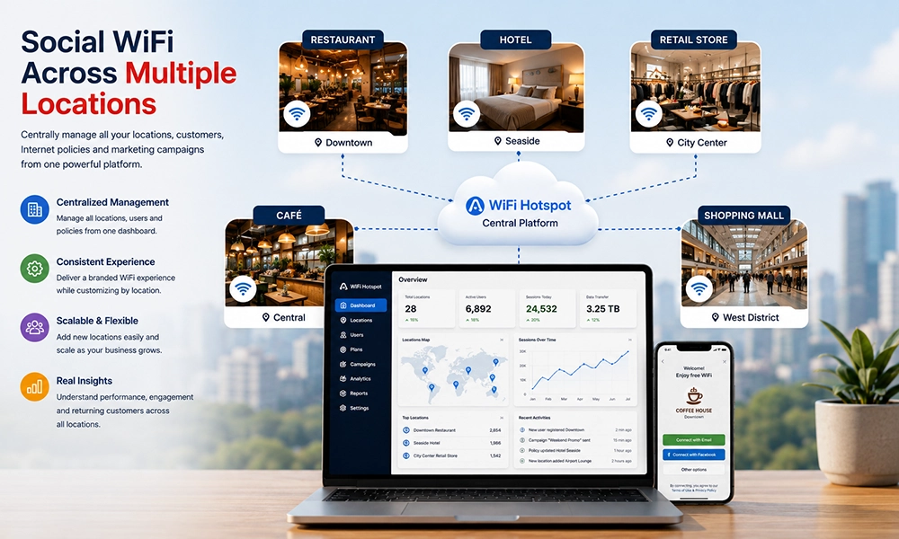 Social WiFi management across multiple business locations