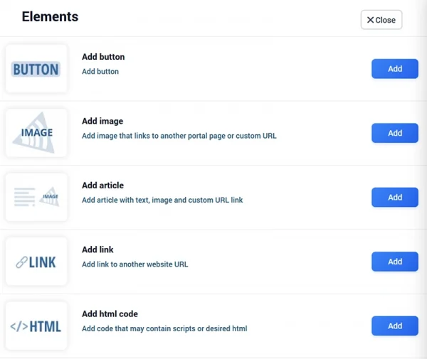 WiFi Splash Page elements for buttons images articles links and custom HTML
