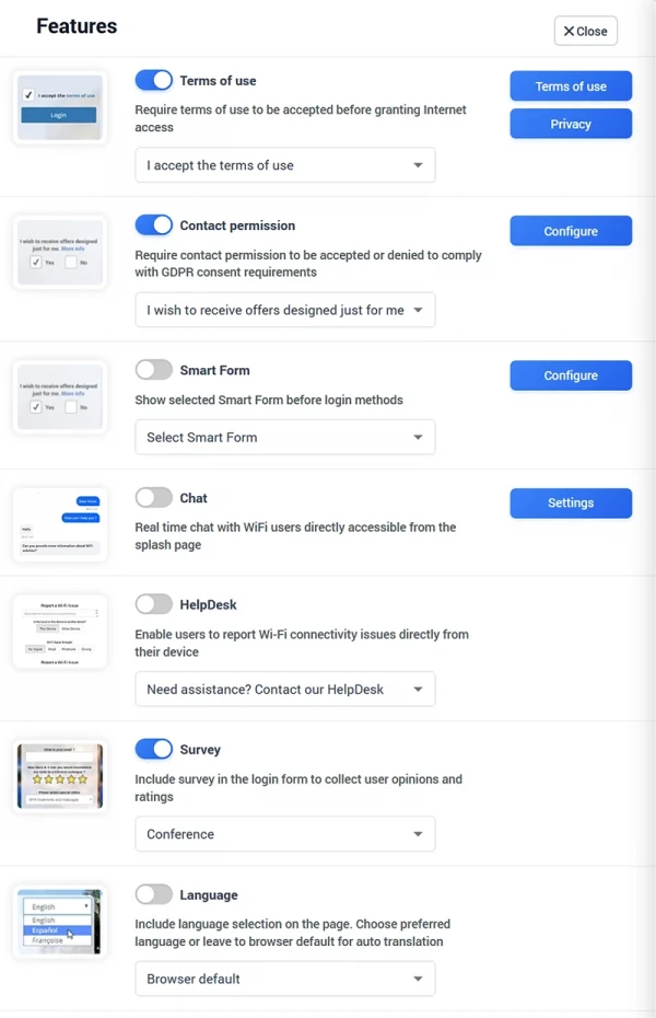 WiFi Splash Page features for consent Smart Forms surveys chat and support