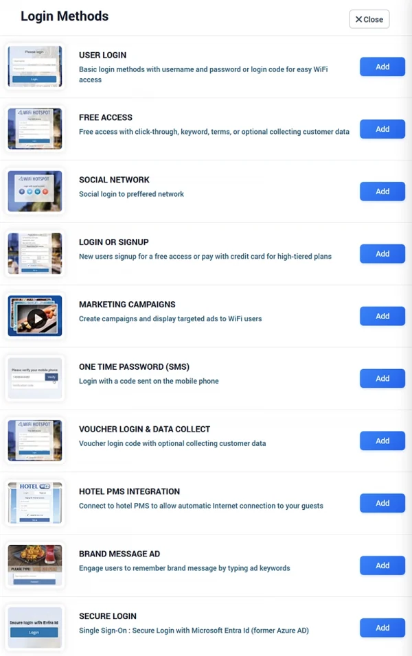 Guest WiFi Splash Page login methods and authentication options