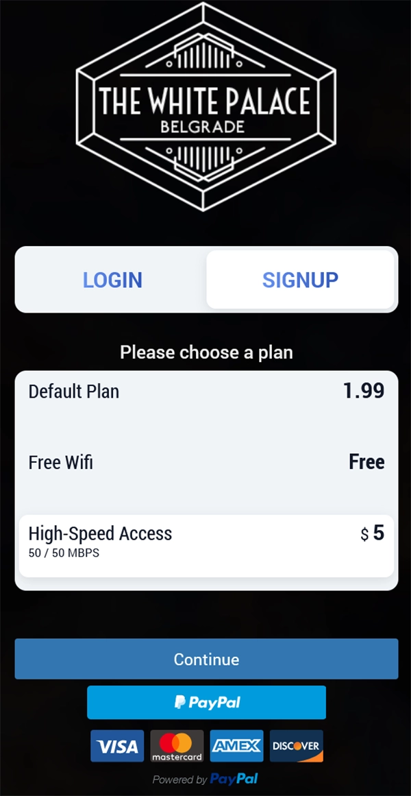 Guest WiFi Splash Page with free and paid Internet Plans