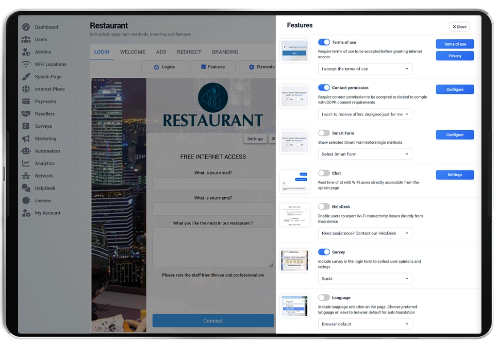 Restaurant Guest WiFi platform with branded login